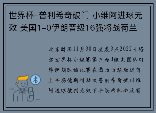 世界杯-普利希奇破门 小维阿进球无效 美国1-0伊朗晋级16强将战荷兰