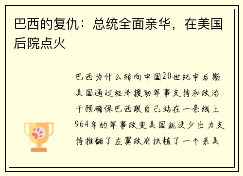 巴西的复仇：总统全面亲华，在美国后院点火