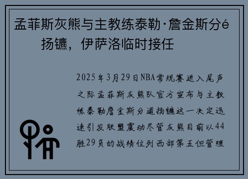 孟菲斯灰熊与主教练泰勒·詹金斯分道扬镳，伊萨洛临时接任